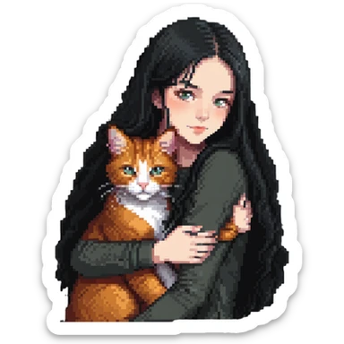Beautiful girl with long black hair hugs a ginger cat sticker