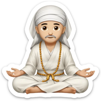 Saint Shirdi Sai Baba, sitting cross-legged, white robe, headscarf, calm and kind expression sticker
