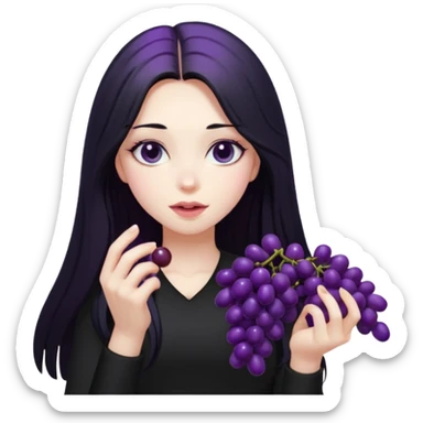 girl with long black hair, black clother with eating disorder purple food sticker