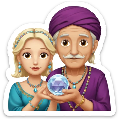 Elderly cleanshaven male gypsy with earrings and blonde female gypsy holding a crystal ball sticker