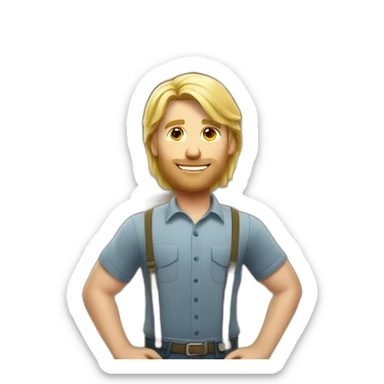 Blond man architect, with mid long blond hair, posing next to a wooden house sticker