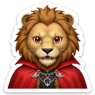 Vampire animal, lion in red collar cloak, red eye, fangs sticker