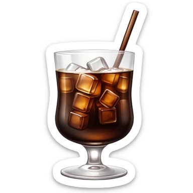 Create a realistic emoji-style illustration of a glass of Fernet with Coca-Cola. The glass should be filled with a dark brown liquid and a few ice cubes, with bubbles indicating carbonation. Add a subtle shine to the glass to make it look refreshing. sticker