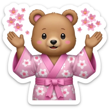 A cute light-brown bear wearing a pastel pink sakura-patterned kimono, normal balanced body ratio.  
Clapping hands cheerfully with a big bright smile and small spark effects around.  
Kawaii emoji style, minimalistic clean sticker illustration, white background.
 sticker