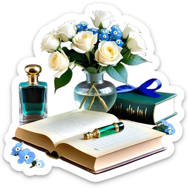 A tender and romantic arrangement of a vintage glass perfume bottle with a golden cap, placed next to a silk-bound book of poetry, with white roses and blue forget-me-nots artfully scattered around.
 sticker