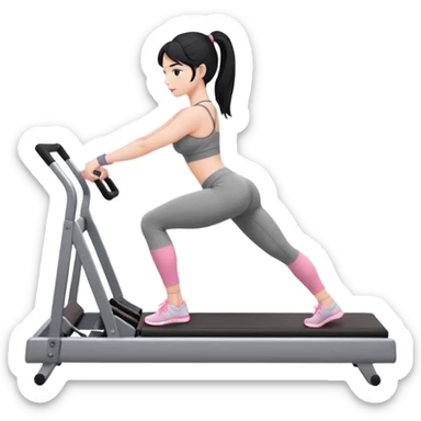 Create a Pilates emoji: a girl with fair skin and black hair, wearing a grey bra and grey leggings with pink pilates socks, exercising on a pilates reformer and not looking at the camera sticker