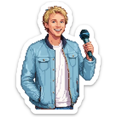 Pixel art style, expressive male performer, Caucasian features, short sandy blonde hair, lively eyes, wide cheerful smile, wearing a sky blue jacket over white tee, tossing a microphone in one hand, waist-up, front-facing sticker
