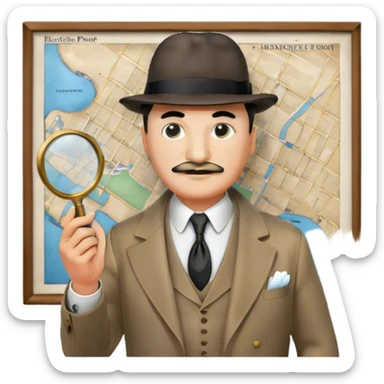 A cinematic-style frame showing Hercule Poirot in his iconic suit with a magnifying glass in a dramatic detective pose. Background should be mysterious city, map, a board with photos of suspects, clues like fingerprints. Transparent background. sticker