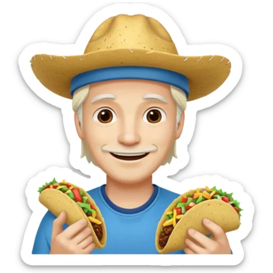 man holding taco with long white hair and cap sticker