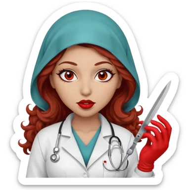 Scary woman scalpel in hand, evil surgeon sexy surgeon clothes.  She has red eyes. Her  brown long curly hair. Wears sexy doctor outfit with red gloves. make her hair free and brown but she  wear mouth cover   to hide. Wears white surgeon jacket and hijab cover lips  sticker