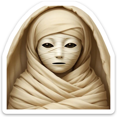 A snug, cozily wrapped mummy, fully encased in soft, slightly loose bandages, even its face gently hidden behind folds with only a tiny glimpse of sleepy eyes, nestled in warm, faded tones with gentle golden accents, simplified yet irresistibly charming, highly detailed with a soft glowing outline capturing the peaceful aura of an ancient being drifting into rest! sticker