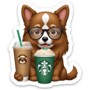 a dog with glasses on and a starbucks drink sticker