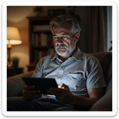 man reading an article about slow metabolism after 30 years on a tablet, worried expression, domestic environment, hyperrealistic details, 4K sticker