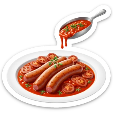 emoji of Rougail saucisse meal. Typical Reunion island meal consisted of Sliced sausage in tomato sauce (strong red color) with thym  sticker
