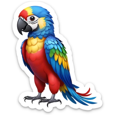 cinematic-macaw-realistic-full-body-standing-emoji,-vibrant-feathers-glowing-with-rich-reds,-blues,-and-yellows,-head-tilted-dramatically,-curved-black-beak-gleaming,-piercing-dark-eyes-exuding-confidence,-simplified-yet-realistic-focused sticker