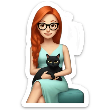 woman with long straight red hair and black-rimmed glasses, in a dress, sitting in an armchair, with a black cat on her lap sticker