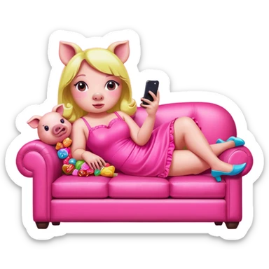 lady pig in neon pink kawaii dress reclining on couch scrolling on an iphone and eating candy pop art portrait sticker