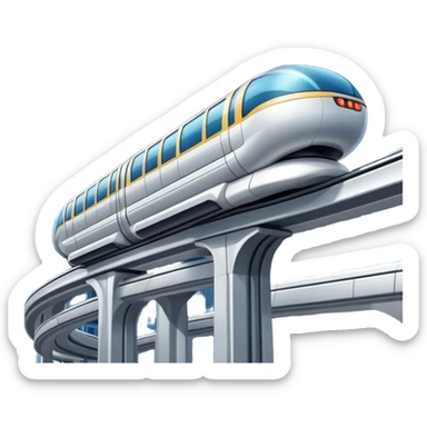 Futuristic monorail train curving above a cityscape with tall buildings sticker