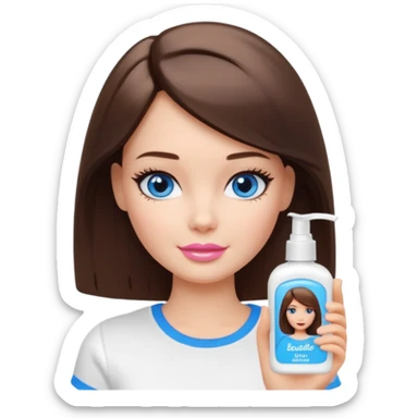 Barbie girl with makeup, blue eyes , and bob long haircut, short brown hair in white T-shirt, face Wash Cream sticker