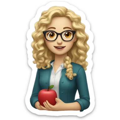 Woman teacher blonde long curly hair glasses brown eyes holding a tiny bridge toy sticker