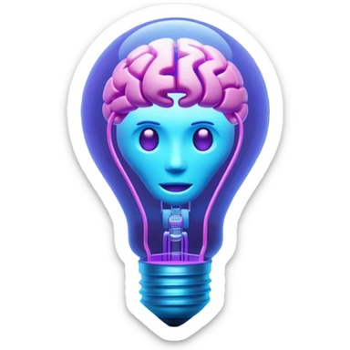 A stylized 3D emoji icon of a futuristic lightbulb. The filament inside is a glowing digital brain structure. The colors are a gradient of electric blue and purple neon light, with glowing edges. Minimalist, digital art aesthetic, sticker