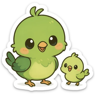 green chibi anime bird with a tiny friend, both cute and playful, chibi anime style sticker