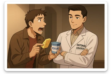 fai un webtoon manga a colori con questo stile, in cui un uomo fa una domanda al kinesiologo con il camice bianco (fagli anche la scritta "ANTONIO ANANIA" SUL CAMICE, l'uomo chiede una cosa mostrando un formaggio e uno yogurt al kinesiologo con il camice, IL KINESIOLOGO annuisce e SPIEGA ALL'UOMO UNA cos. L'UOMO ha un ESPRESSIONE CONFUSA IN VOLTO. non fare i fumetti però, fai solo in modo che sembri stiano parlando sticker