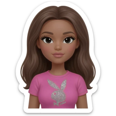 doll body , dark brown eyebrows, dark skin girl,Long giant lashes, bimbo, black doll eyes, barbie, dark brown skin, with brown hair, big breast, pink 2000s t shirt says on the sparkling playboy logo sticker