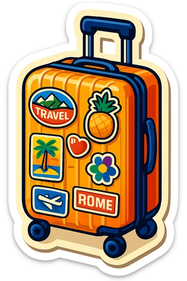 ribbed suitcase with wheels and handle, covered in bright travel stickers, drawn at a three-quarter view, retro sticker style with color, strong contours, shadows and highlights as solid shapes, no soft blending or gradients sticker