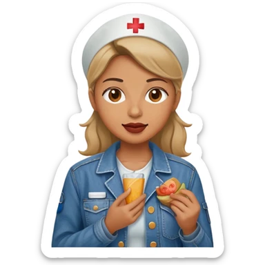 Nurse eating a Jean jacket sticker