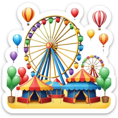 A vibrant festival scene with colorful tents, balloons, and a Ferris wheel sticker