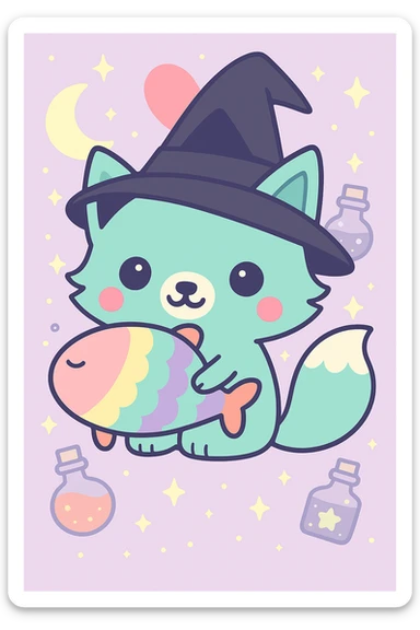 Change the witch hat on the blue fox to purple and add sparkles to the hat, keep the magical, witchy background and big pink heart, in kawaii cartoon style. sticker