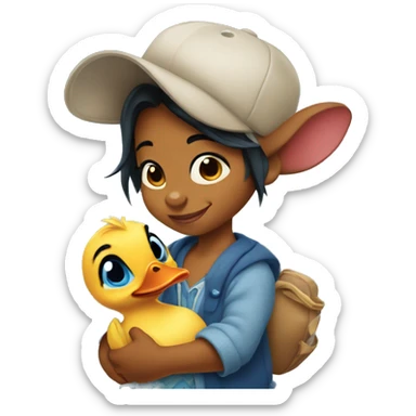 Disney Stitch character holding a mallard duck sticker
