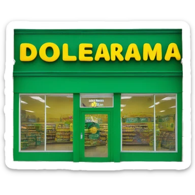 “Exterior of a Dollarama store with the bright green facade, bold yellow Dollarama sign, large front windows, and entrance doors, capturing the look of a budget-friendly retail store.” sticker