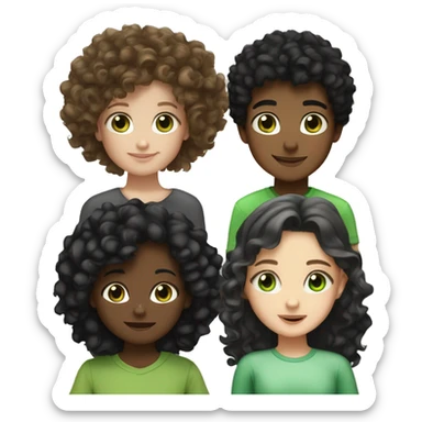 pretty white girl with curly black hair and brown eyes, a 6-year-old boy with black hair and green eyes, and a 13-year-old girl with curly blonde hair and brown eyes sticker