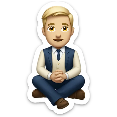 man meditating sitting down with cream dress shirt and navy blue pants . no tie sticker