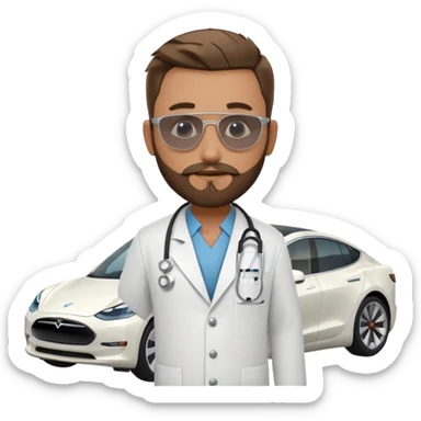 White tesla model 3 and one cool physician with dark blond hair, beard, stetoscope and dark sunglasses next to it sticker