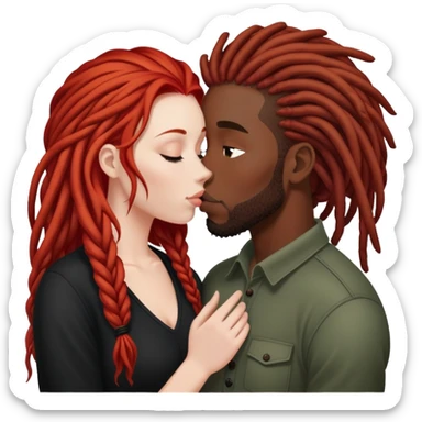 Mulher de cabelos ruivos e pele branca. O homem tem dreads nos cabelos e é negro. Ambos se beijando.  sticker