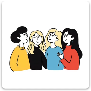 group portrait of four young female friends, 25 years old, up to waist, drawing style, no bangs, all with middle part hair. Body diversity: chubby blonde, slim brunette, normal weight blonde with long wavy hair, slim brunette with very long hair. Neutral background, cheerful attitude. sticker