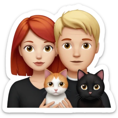 Casal com homem loiro e mulher ruiva e gato preto com branco sticker
