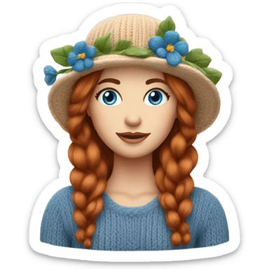 beautiful finnish auburn hair woman with blue eyes knitting floral hat sticker