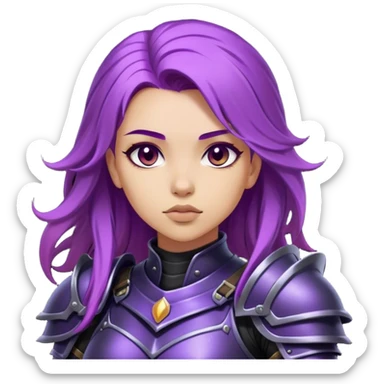 A mysterious warrior girl with flowing purple hair, dressed in black armor. sticker