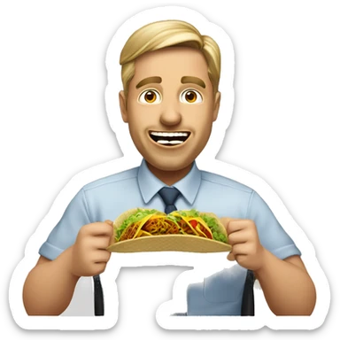 A Chief Operating Officer (COO) making a hilarious, exaggerated funny face while eating tacos, in a modern office setting. sticker