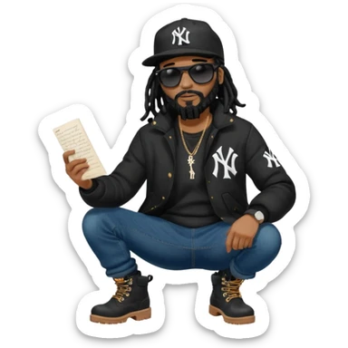 African American man with shoulder length black dreadlocks with black beard wearing black sunglasses wearing a black New York Yankees logo baseball cap wearing a black bubble winter coat with denim skinny jeans and wheat timberland boots writing a letter sticker