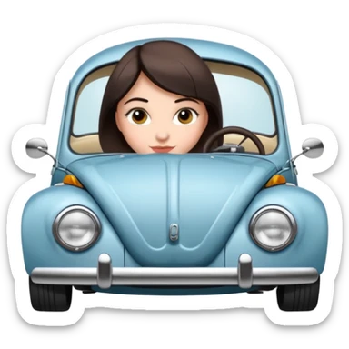 Pretty, sexy, slightly curvy white woman with short dark brown hair, driving a VW beetle sticker