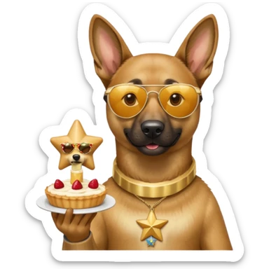 malinois dog wearing star sunglasses, holding a flan dessert with a SaintéLyon medal around the flan's neck, emoji style sticker