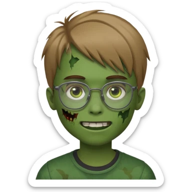 boy zombie with light brown emo hair and green skin and glasses and corner smile sticker