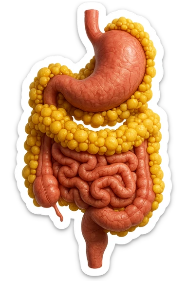 STOMACO E INTESTINO SONO VERTICALMENTE COLLEGATI E INTORNO A QUESTI ORGANI CI SONO CELLULE DI GRASSO GIALLE ATTACCATE SOPRA A GRAPPOLI, IPERREALISTICO 4K sticker