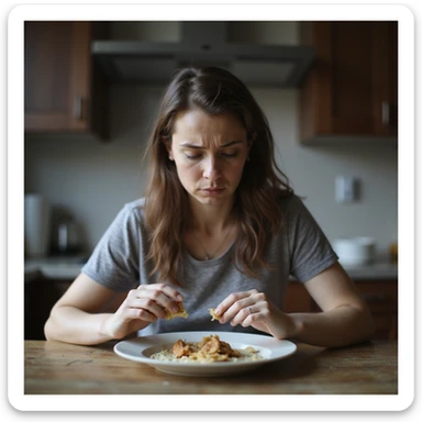 adult woman following an extremely restrictive diet, looking sad or fatigued in front of a plate with very little food, realistic or semi-realistic style, emotional atmosphere, natural details, kitchen or table environment sticker