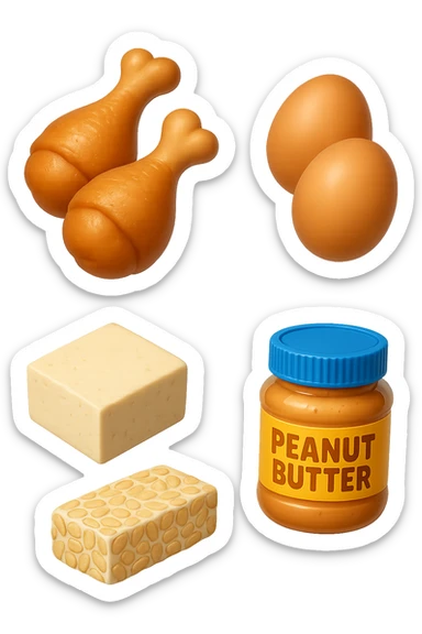 EMOJI STILE IPHONE DI
 uova, pollo, tofu, tempeh, burro di arachidi
, fluttuano in aria REALISTICA 4K sticker